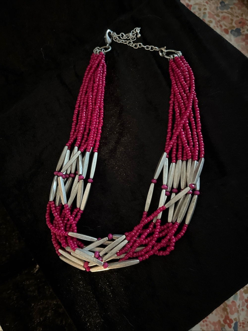 Premier Designs Fuchsia Multi-Strand Beaded Necklace with Silver Accents